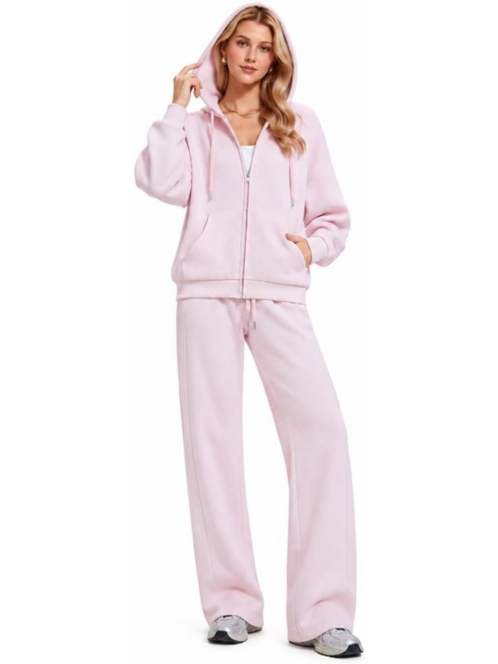 Cozy Tall Women's 2-Piece Fleece Sweatsuit Set, Zip-Up Hoodie & Wide Leg Pants